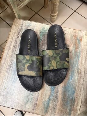 Coach Black Slide Sandals with Green Camo Strap